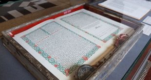 Copies of Denmark’s constitutional acts are on display inside the Danish parliament in Christiansborg Palace, Copenhagen, Denmark