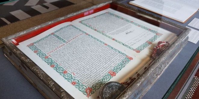Copies of Denmark’s constitutional acts are on display inside the Danish parliament in Christiansborg Palace, Copenhagen, Denmark